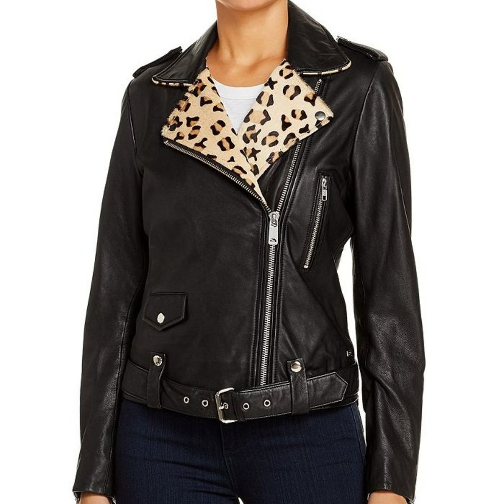 Scotch & Soda Leopard-trim Leather Biker Jacket In Black